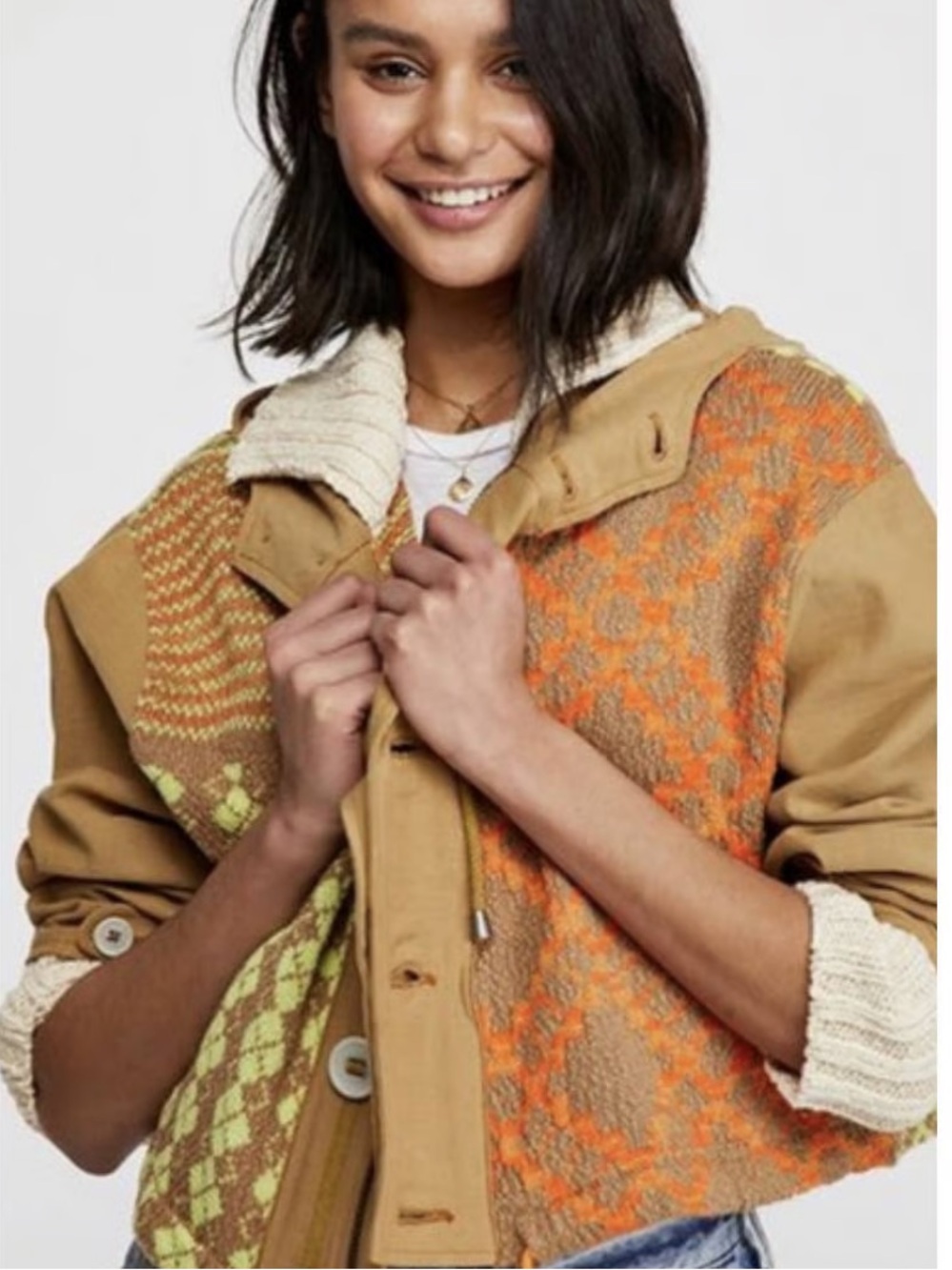 Free People Reno Knit Jacket S Hooded Fair Isle Grid Knit Slouchy Boho